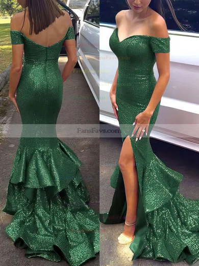 Trumpet/Mermaid Off-the-shoulder Sequined Sweep Train Tiered Prom Dresses #Favs020102197