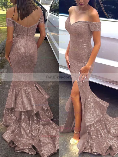 Trumpet/Mermaid Off-the-shoulder Sequined Sweep Train Tiered Prom Dresses #Favs020102197