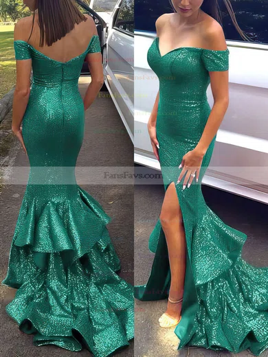 Trumpet/Mermaid Off-the-shoulder Sequined Sweep Train Tiered Prom Dresses #Favs020102197