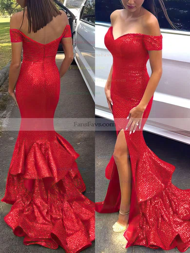 Trumpet/Mermaid Off-the-shoulder Sequined Sweep Train Tiered Prom Dresses #Favs020102197