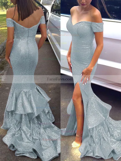Trumpet/Mermaid Off-the-shoulder Sequined Sweep Train Tiered Prom Dresses #Favs020102197