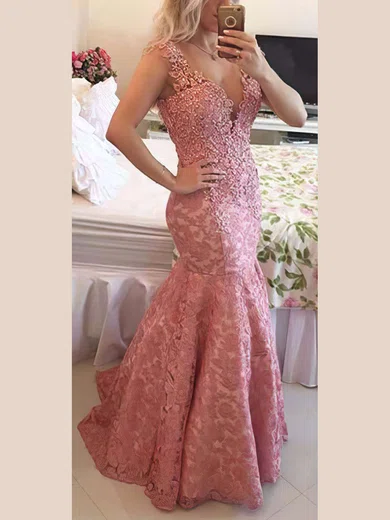 Trumpet/Mermaid V-neck Lace Sweep Train Appliques Lace Prom Dresses #Favs020102205
