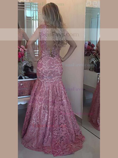 Trumpet/Mermaid V-neck Lace Sweep Train Appliques Lace Prom Dresses #Favs020102205