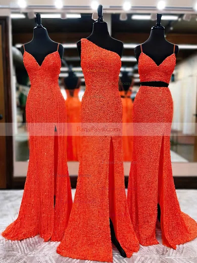 Trumpet/Mermaid One Shoulder Sequined Sweep Train Prom Dresses With Split Front #Favs020114119