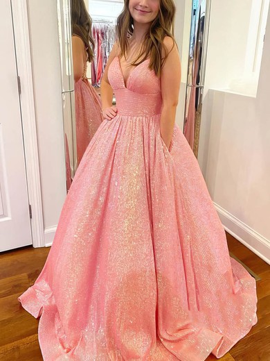 A-line V-neck Sequined Sweep Train Prom Dresses With Pockets #Favs020114136