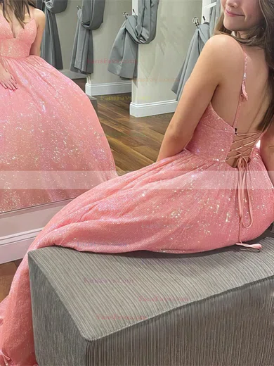 A-line V-neck Sequined Sweep Train Prom Dresses With Pockets #Favs020114136