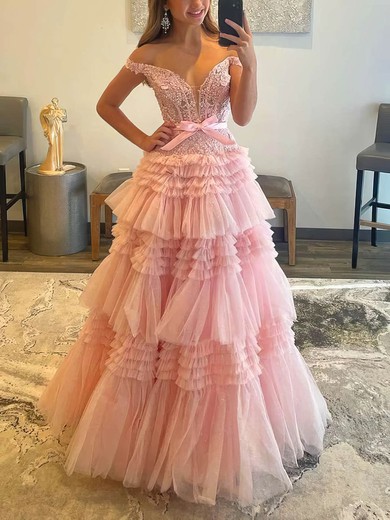 A-line Off-the-shoulder Tulle Glitter Sweep Train Prom Dresses With Appliques Lace #Favs020114137