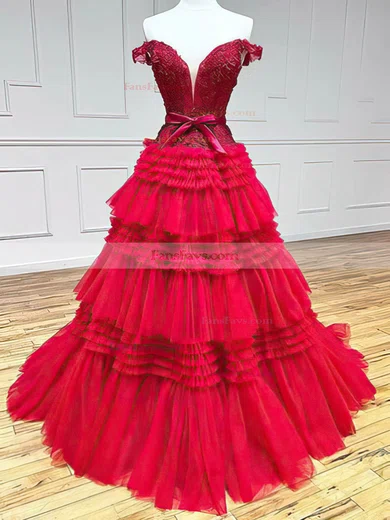 A-line Off-the-shoulder Tulle Glitter Sweep Train Prom Dresses With Appliques Lace #Favs020114137