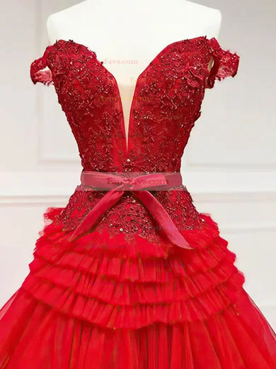 A-line Off-the-shoulder Tulle Glitter Sweep Train Prom Dresses With Appliques Lace #Favs020114137