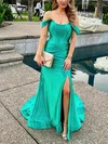 Trumpet/Mermaid Off-the-shoulder Silk-like Satin Sweep Train Prom Dresses With Split Front #Favs020114142