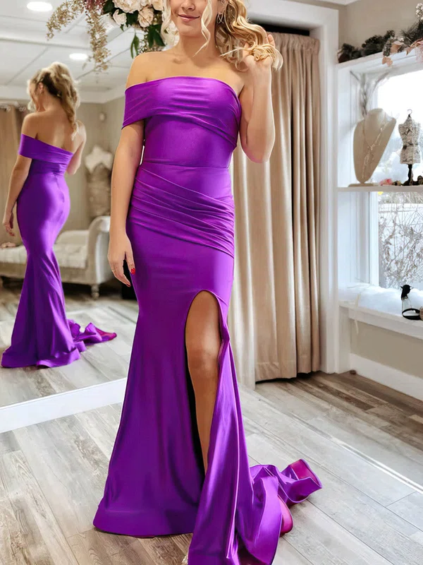 Sheath/Column Off-the-shoulder Jersey Sweep Train Prom Dresses With Split Front #Favs020114149