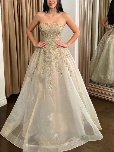 A-line Strapless Organza Glitter Floor-length Prom Dresses With Appliques Lace #Favs020114163
