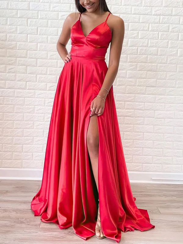 A-line V-neck Silk-like Satin Sweep Train Prom Dresses With Split Front #Favs020114193