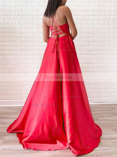 A-line V-neck Silk-like Satin Sweep Train Prom Dresses With Split Front #Favs020114193