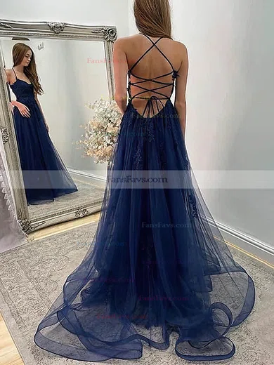 A-line V-neck Tulle Sweep Train Prom Dresses With Appliques Lace #Favs020114211