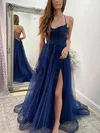 A-line V-neck Tulle Sweep Train Prom Dresses With Appliques Lace #Favs020114211