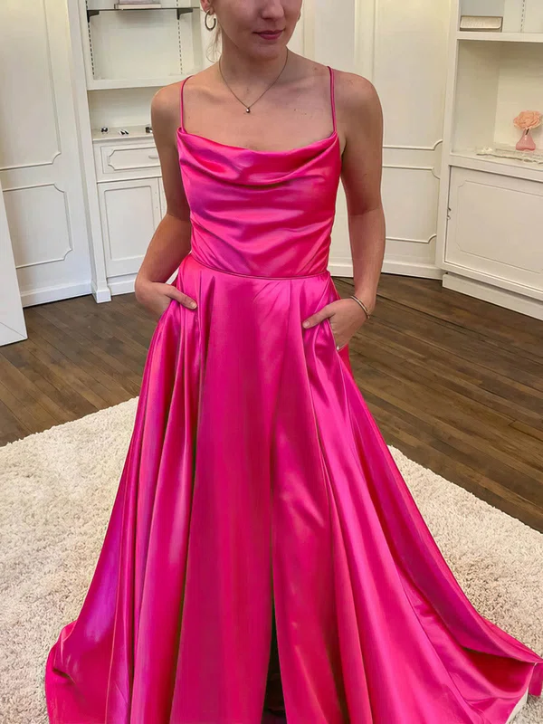 A-line Cowl Neck Silk-like Satin Sweep Train Prom Dresses With Split Front #Favs020114227