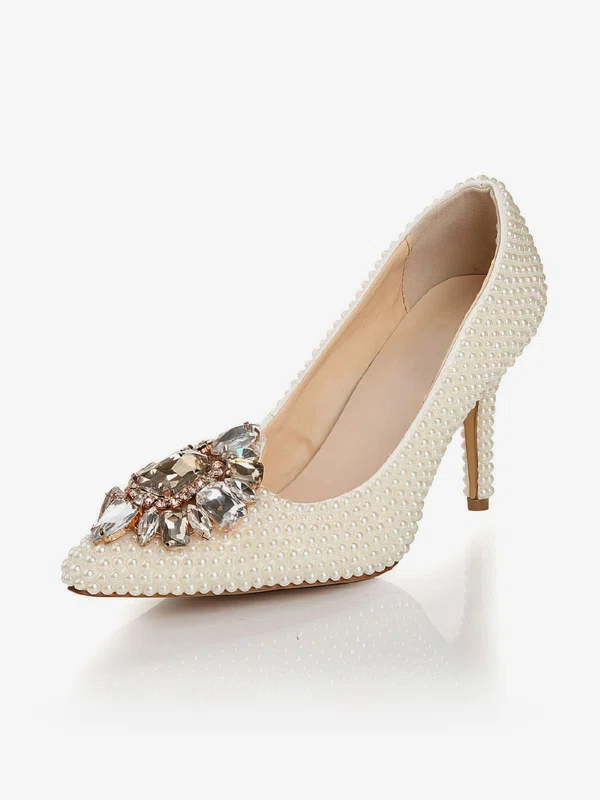 Women's Ivory Patent Leather Pumps with Rhinestone/Pearl #Favs03030441