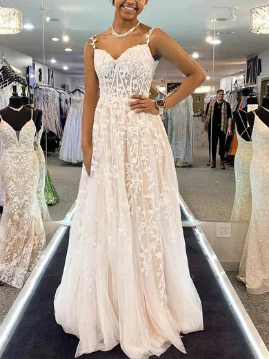 A-line V-neck Tulle Sweep Train Prom Dresses With Appliques Lace #Favs020114230