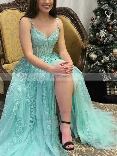 A-line V-neck Tulle Sweep Train Prom Dresses With Appliques Lace #Favs020114230