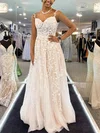 A-line V-neck Tulle Sweep Train Prom Dresses With Appliques Lace #Favs020114230