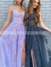 A-line V-neck Tulle Sweep Train Prom Dresses With Appliques Lace #Favs020114230