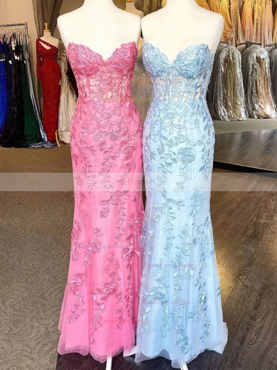 Sheath/Column Sweetheart Tulle Sweep Train Prom Dresses With Appliques Lace #Favs020114237