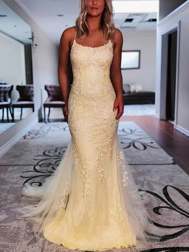 Trumpet/Mermaid Scoop Neck Tulle Sweep Train Prom Dresses With Beading #Favs020114240