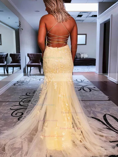 Trumpet/Mermaid Scoop Neck Tulle Sweep Train Prom Dresses With Beading #Favs020114240