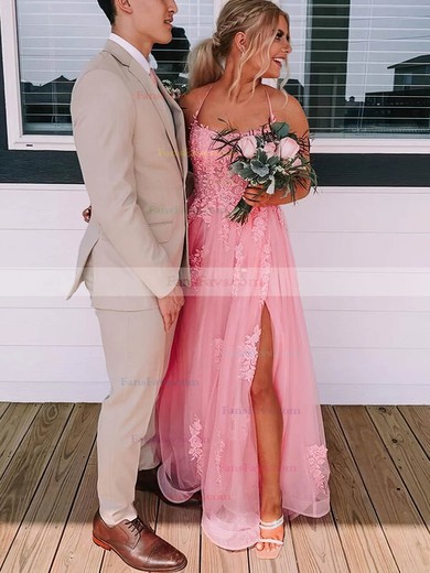 A-line Scoop Neck Tulle Sweep Train Prom Dresses With Split Front #Favs020114241