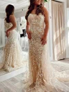 Trumpet/Mermaid Scoop Neck Tulle Sweep Train Prom Dresses With Appliques Lace #Favs020114243