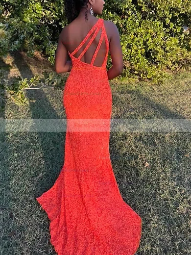 Sheath/Column One Shoulder Sequined Sweep Train Prom Dresses With Split Front #Favs020114249