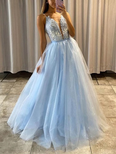 Princess V-neck Tulle Glitter Floor-length Prom Dresses With Appliques Lace #Favs020114254
