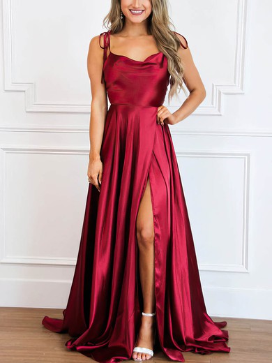 A-line Cowl Neck Silk-like Satin Sweep Train Prom Dresses With Split Front #Favs020114276