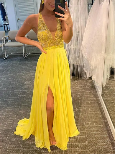 A-line V-neck Chiffon Sweep Train Prom Dresses With Split Front #Favs020114295