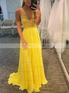 A-line V-neck Chiffon Sweep Train Prom Dresses With Split Front #Favs020114295