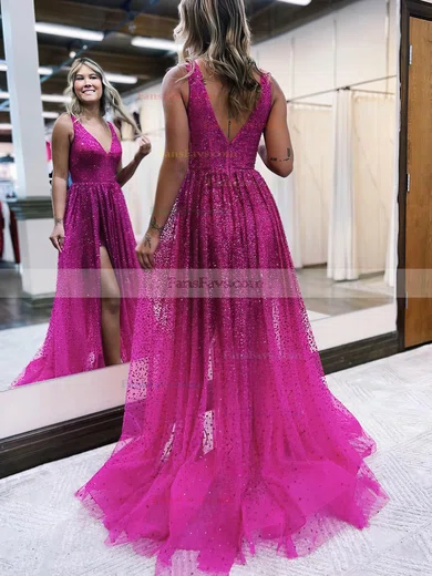 A-line V-neck Tulle Sweep Train Prom Dresses With Beading #Favs020114297