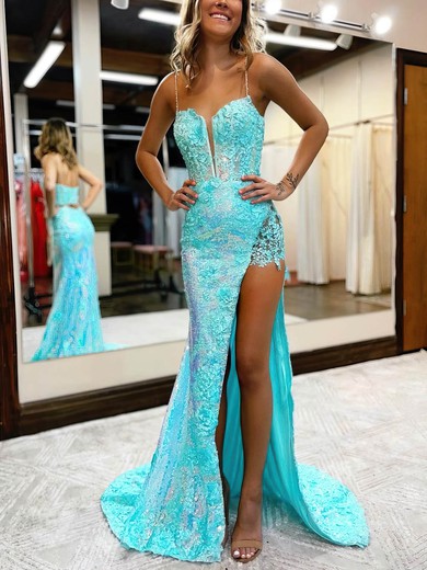 Sheath/Column V-neck Glitter Sweep Train Prom Dresses With Appliques Lace #Favs020114299