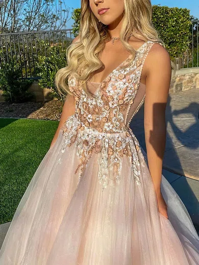 Ball Gown V-neck Tulle Sweep Train Prom Dresses With Flower(s) #Favs020114301