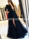 A-line Scoop Neck Tulle Sweep Train Prom Dresses With Split Front #Favs020114307