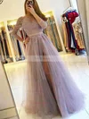 A-line Scoop Neck Tulle Sweep Train Prom Dresses With Split Front #Favs020114307