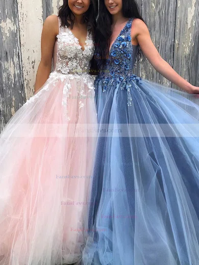 Ball Gown V-neck Tulle Sweep Train Prom Dresses With Appliques Lace #Favs020114311