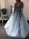 Ball Gown V-neck Tulle Sweep Train Prom Dresses With Appliques Lace #Favs020114311