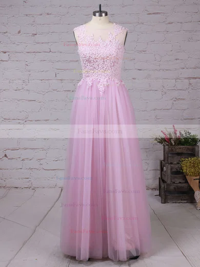 A-line Scoop Neck Tulle Floor-length Appliques Lace Prom Dresses #Favs020102317
