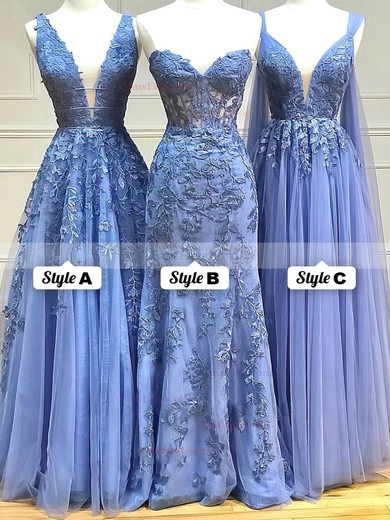 A-line V-neck Tulle Floor-length Prom Dresses With Appliques Lace #Favs020114315