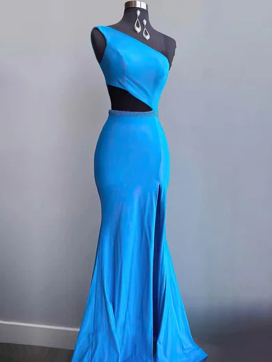 Sheath/Column One Shoulder Jersey Sweep Train Prom Dresses With Beading #Favs020114316