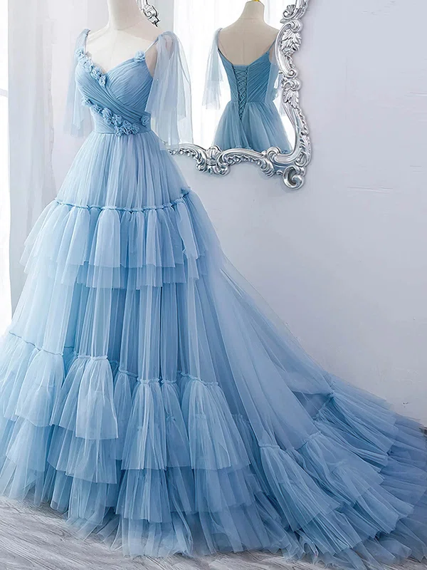 Ball Gown V-neck Tulle Sweep Train Prom Dresses With Tiered #Favs020114327