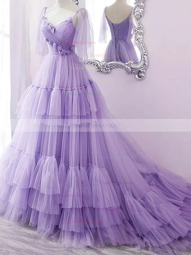 Ball Gown V-neck Tulle Sweep Train Prom Dresses With Tiered #Favs020114327