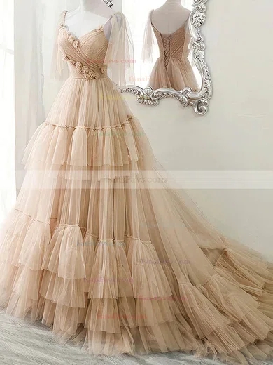 Ball Gown V-neck Tulle Sweep Train Prom Dresses With Tiered #Favs020114327