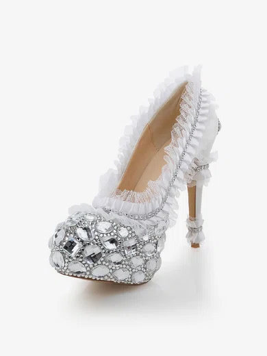 Women's White Satin Pumps with Rhinestone/Stitching Lace #Favs03030480
